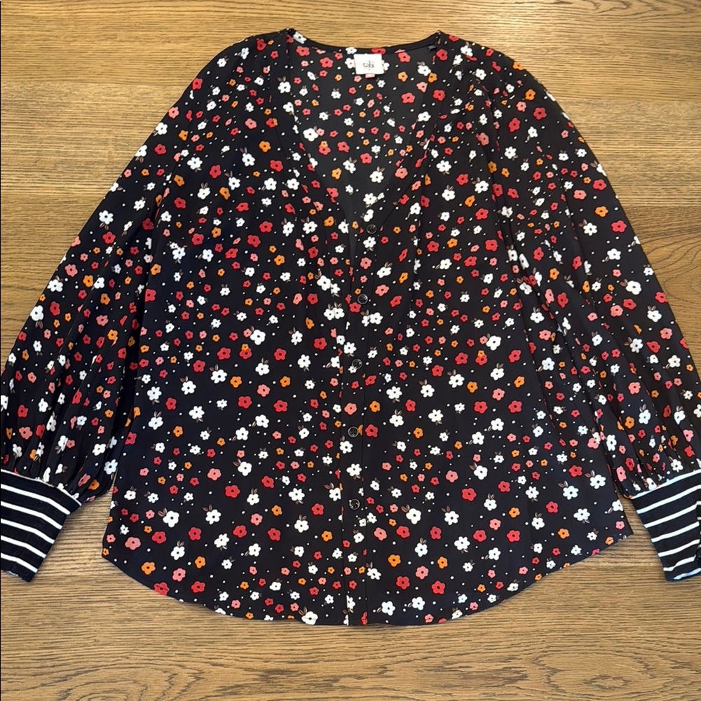 CAbi Black Floral Blouse with Red and Orange Accents